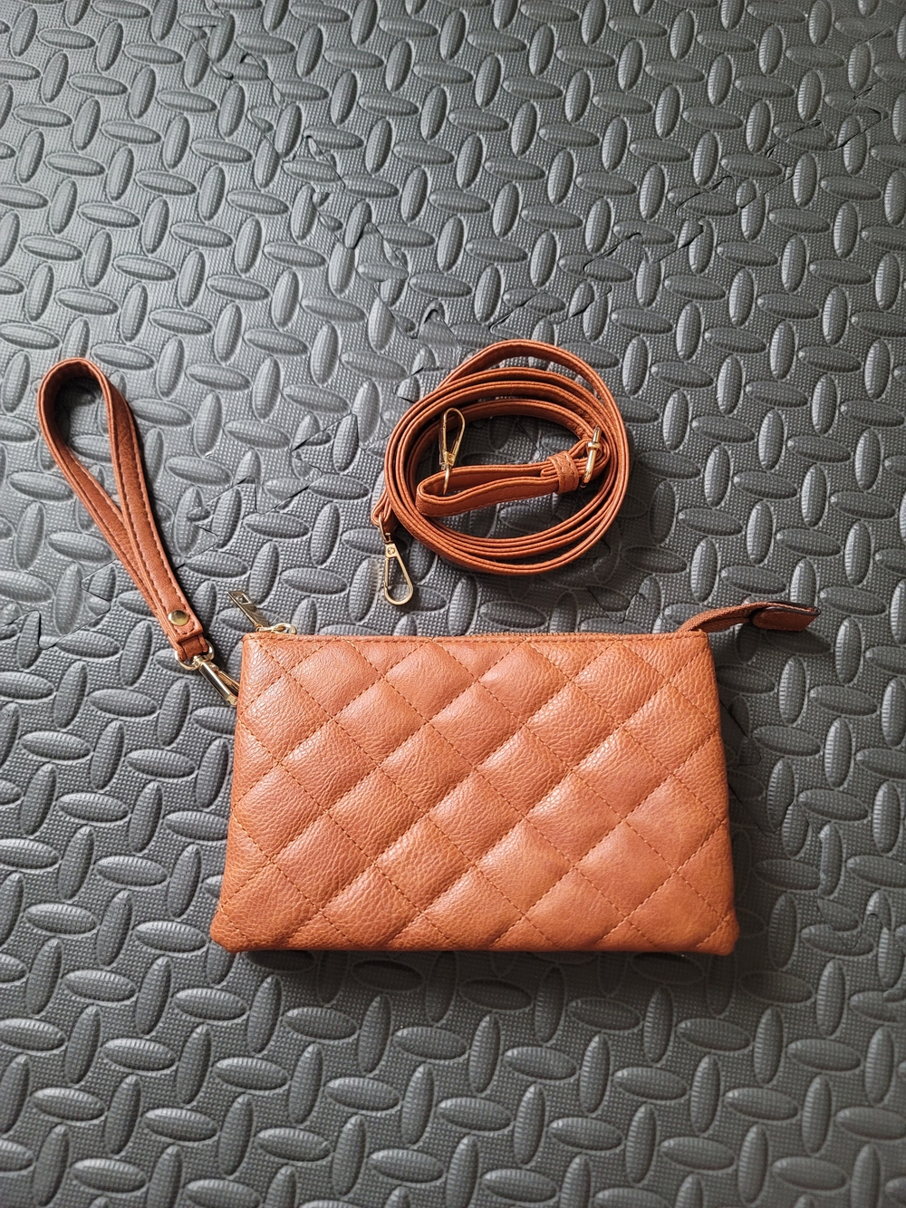 Isabelle Vegan Caramel Brown Quilted Wristlet Clutch W Removable Crossbody Strap